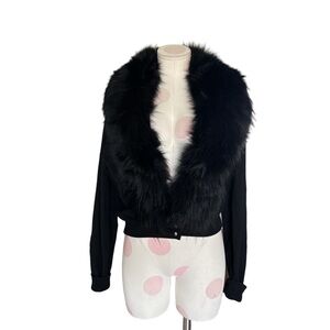 Vintage 90s/Y2k  Black Cropped coquette girl Cardigan with Fur Collar - l/Xl